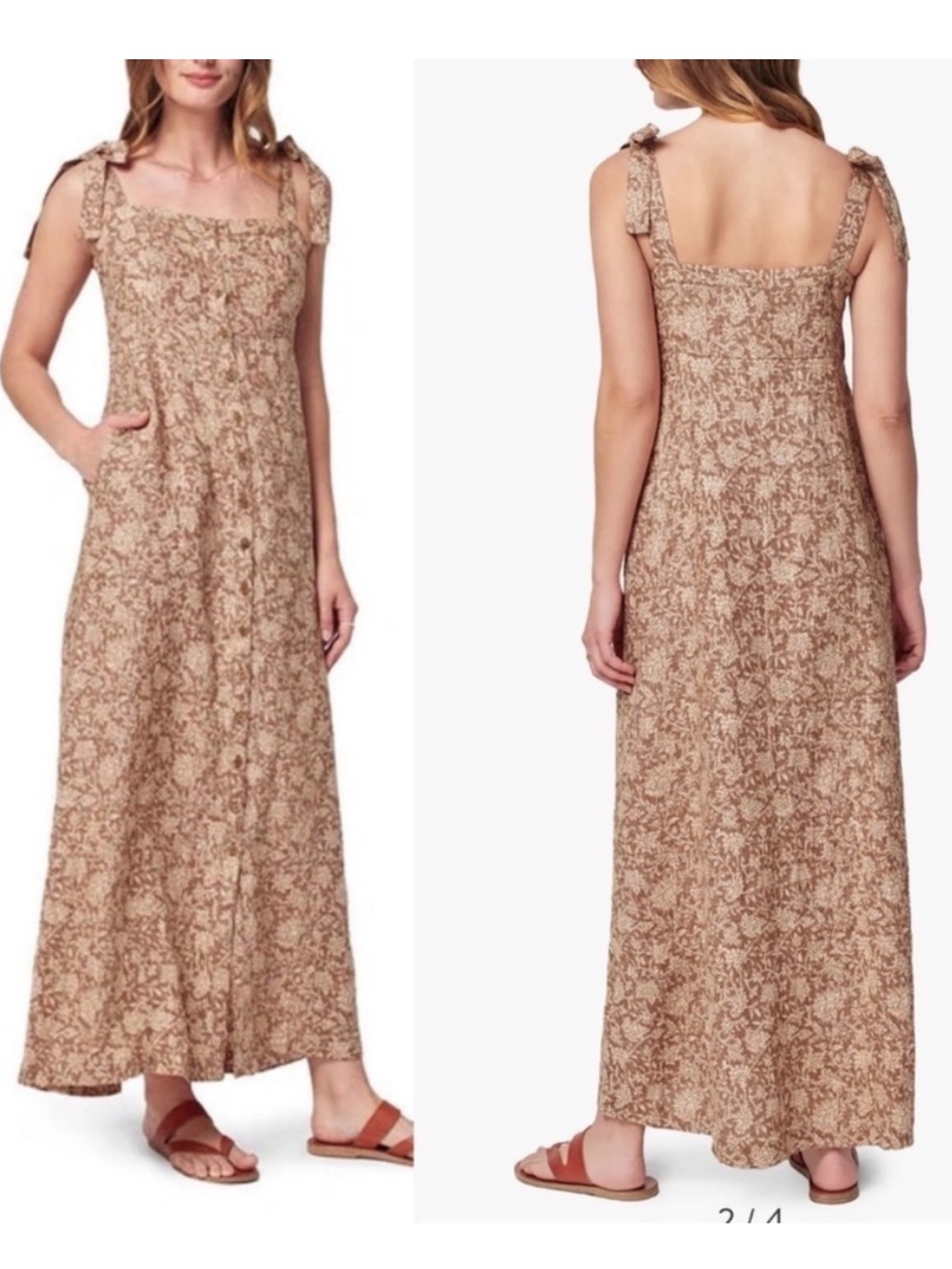 FAHERTY Kendall Floral Linen Maxi Dress with Pockets Sz S Bronze Riviera Print